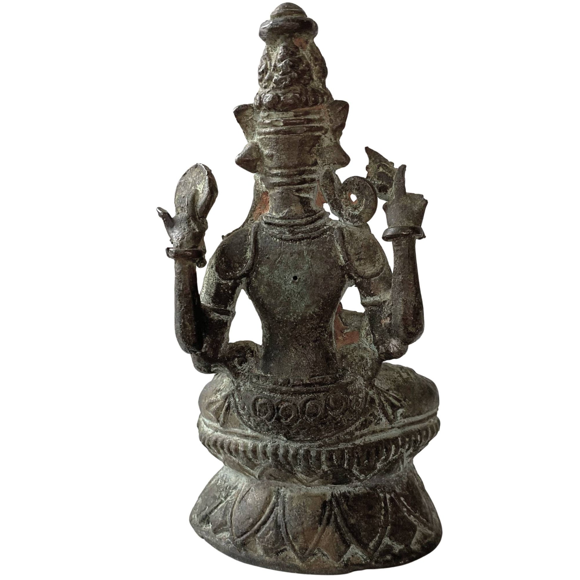 Nahaufnahme der Rückseite einer antiken Himalaya-Bronzestatue eines Bodhisattva