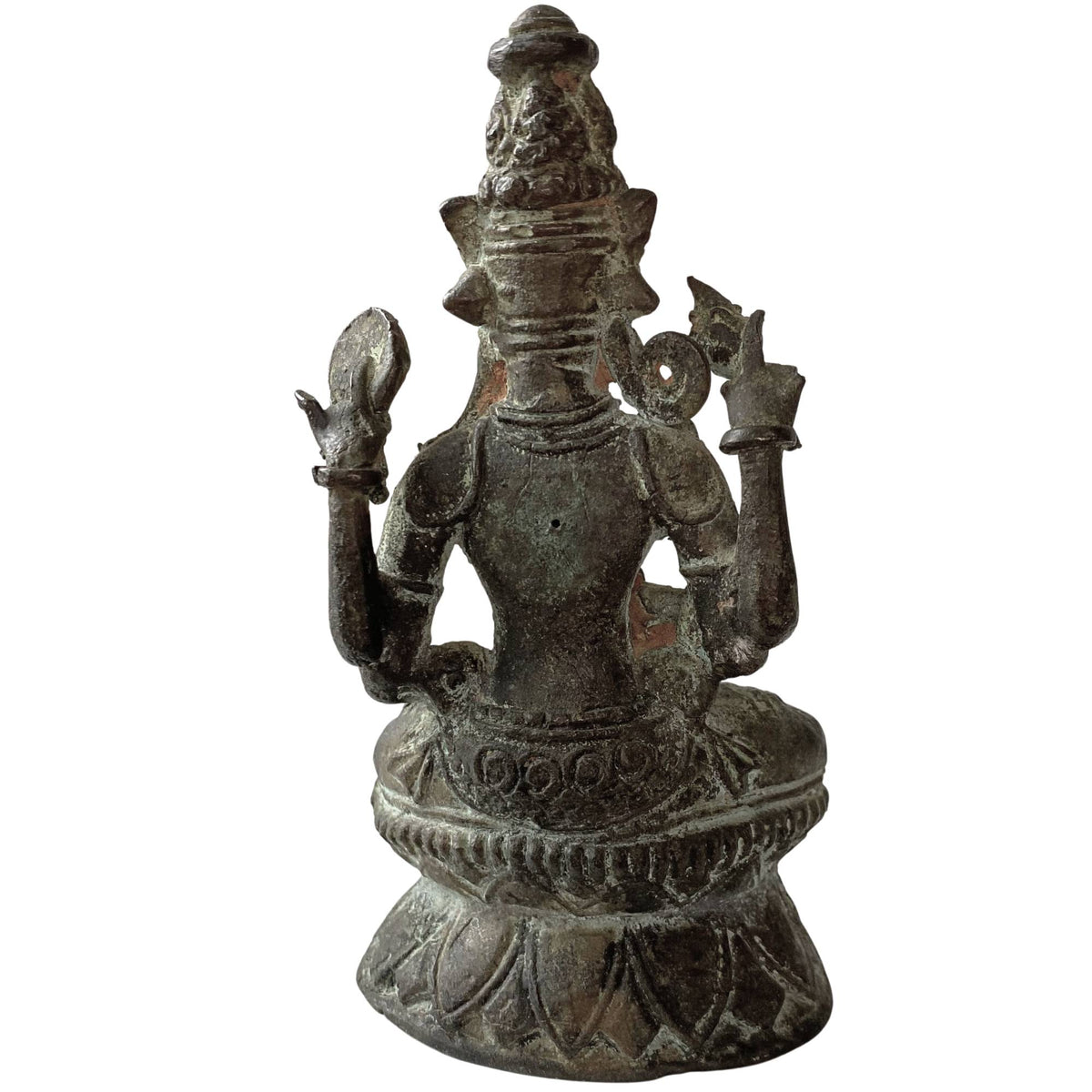 Close-up of the back of an antique Himalayan bronze bodhisattva statue