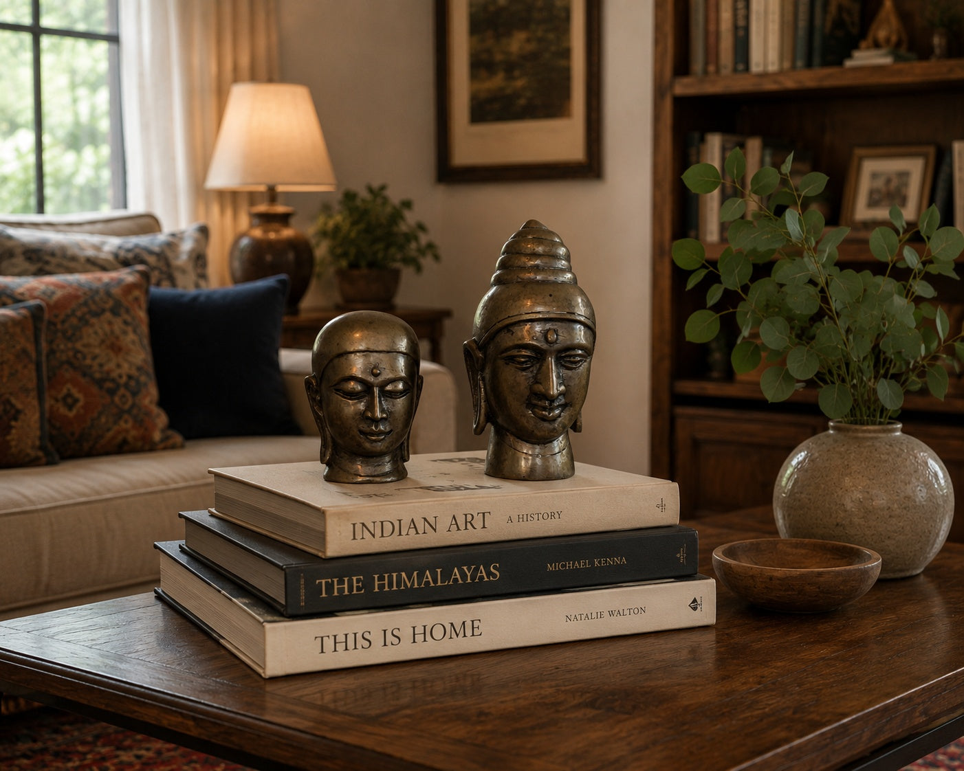 Detail des bronzenen Buddha-Kopfes mit Fokus auf dem Ushnisha und einem heiteren Gesichtsausdruck.