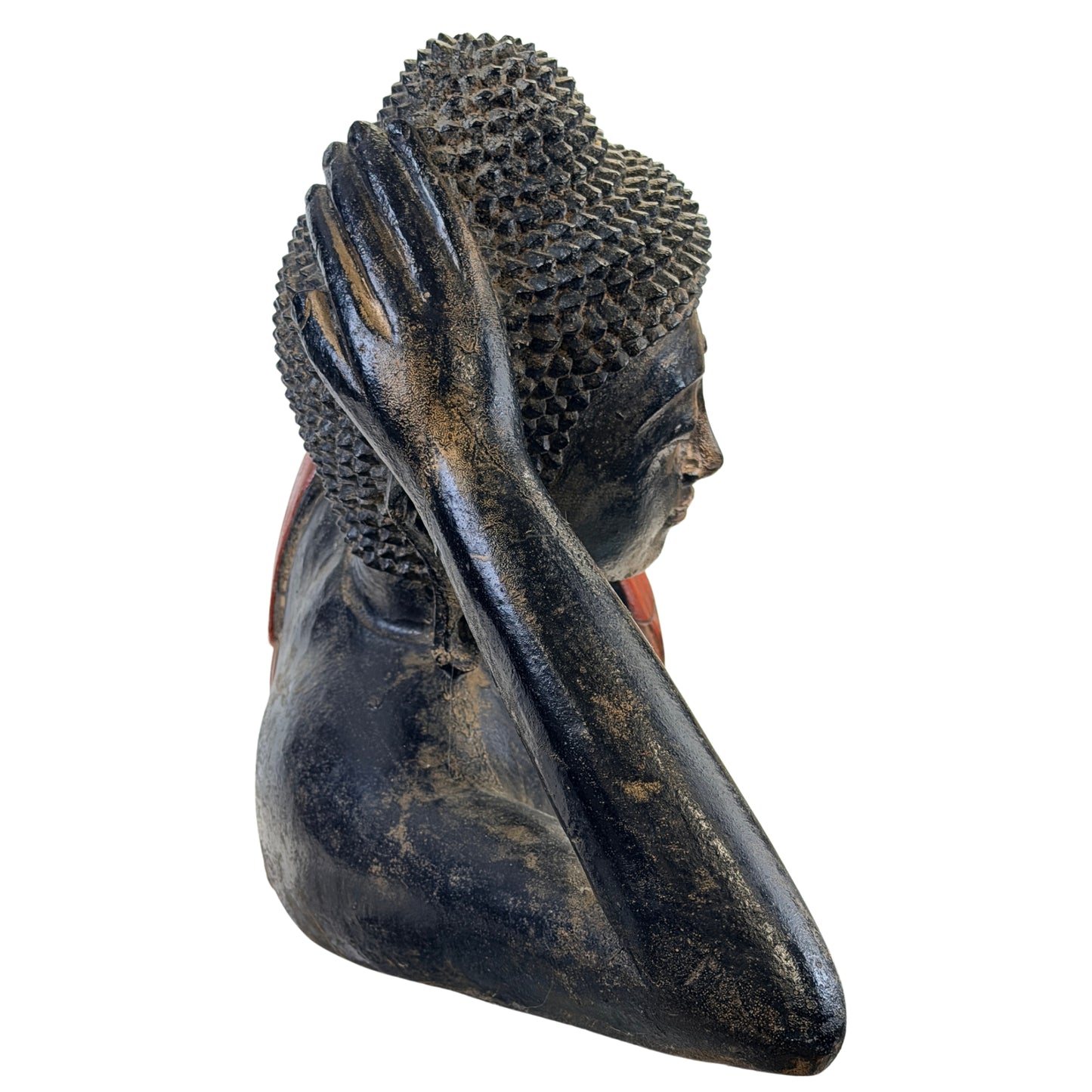 Detail der stützenden Hand, des Arms und der Haarlocken des burmesischen Buddha