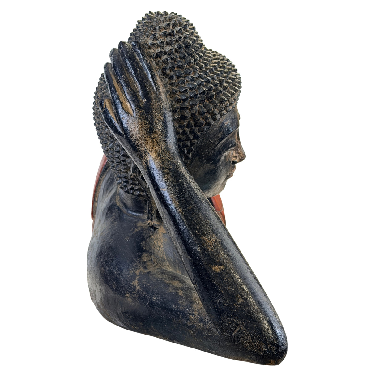 Detail of the supporting hand, arm and hair curls of the Burmese Buddha