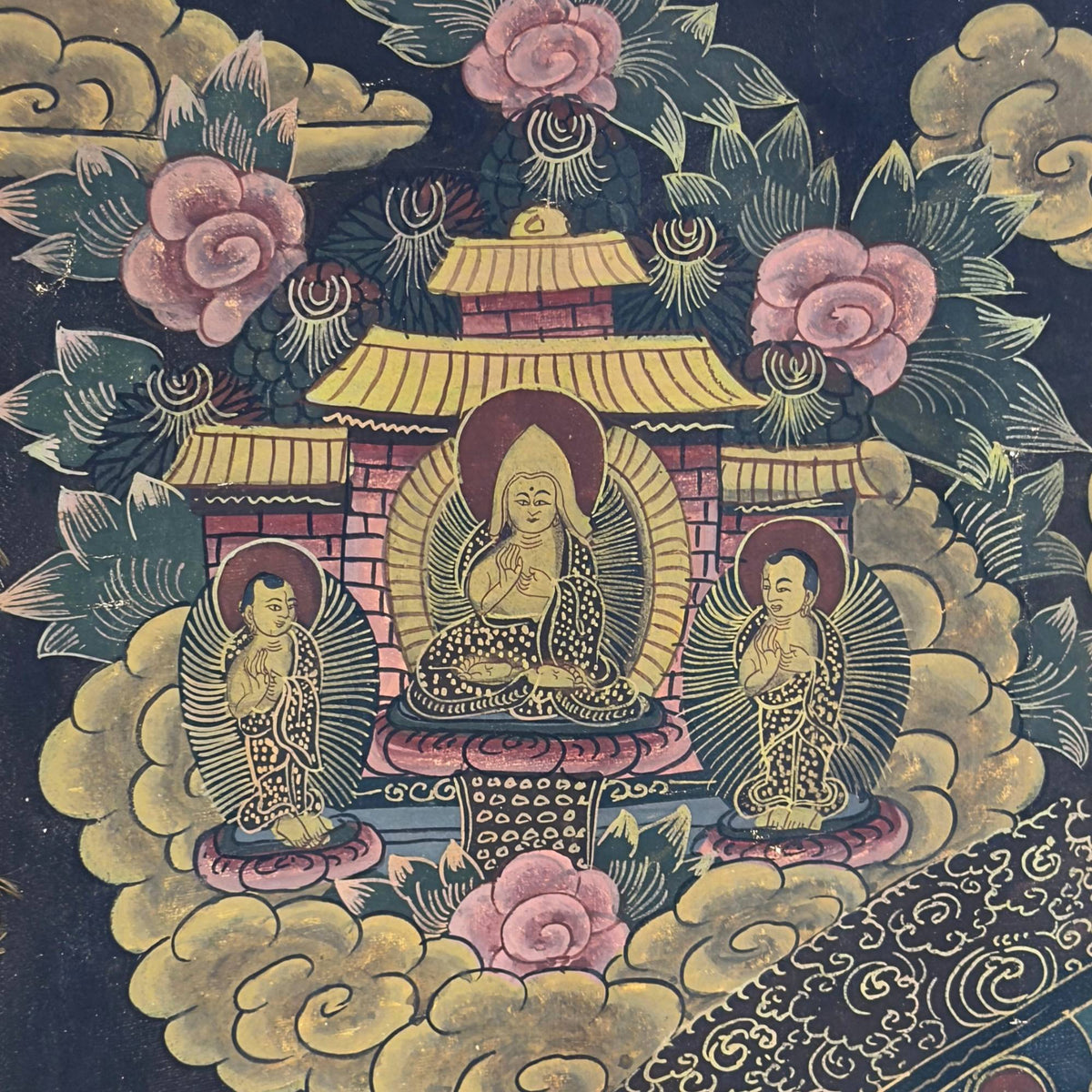 Nahaufnahme des Jianding (鉴定) Lackstempels auf der Rückseite des Thangka