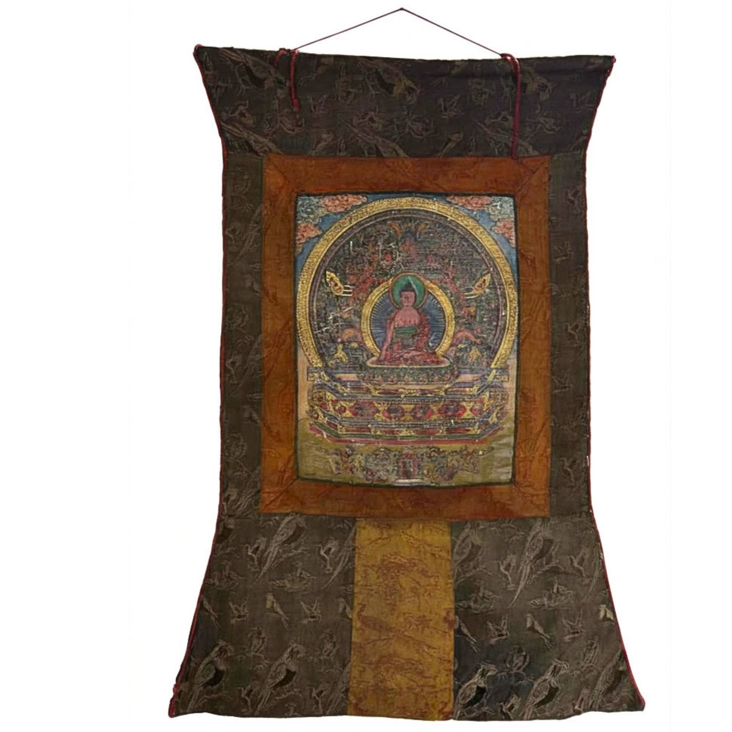 Nahaufnahme des Shakyamuni-Buddha mit Antik-Effekt und Craquelé auf der Leinwand