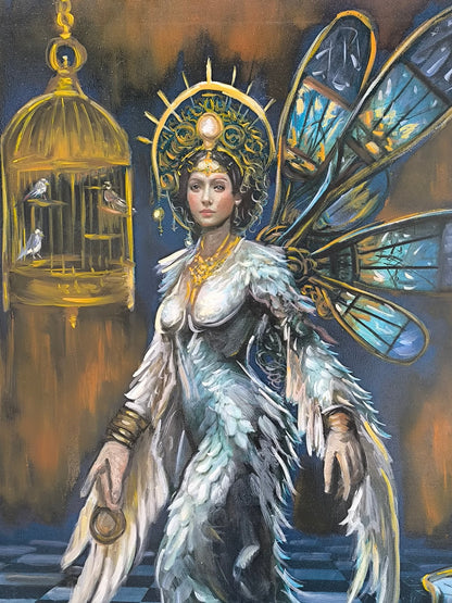 Detail der Flügel mit Sternenhimmel im symbolischen Werk von Ninni Pagano.