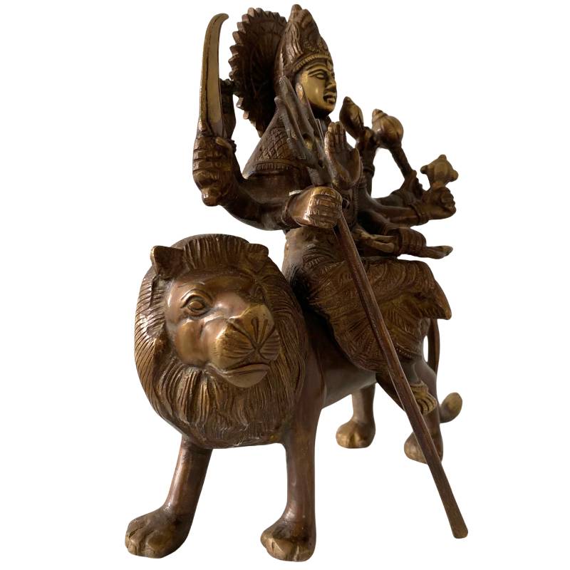 Bronzene Durga-Statue auf einem Löwen – antike hinduistische Göttinnenstatue aus Indien