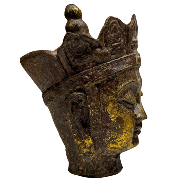 Antiker Kopf der Dizang Pusa aus vergoldetem Gusseisen, Fragment eines chinesischen buddhistischen Tempels