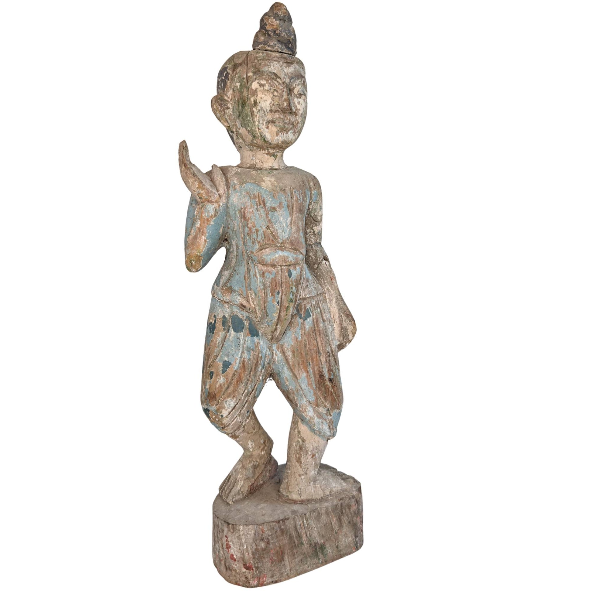 Wunderschöne, gealterte und verwitterte Patina auf einer antiken Holzstatue.