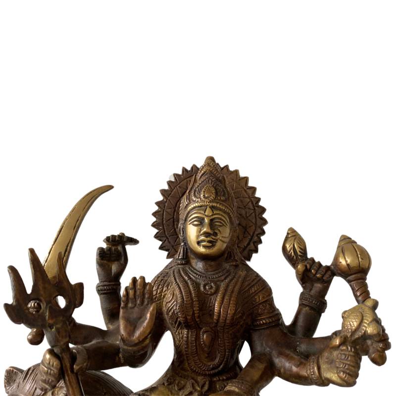 Bronzestatue der Durga mit mehreren Armen auf einem Löwen – hinduistische Göttin aus Indien