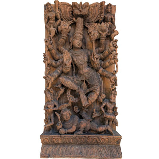 Durga Mahishasura Holztafel Südindien Tempelrelief