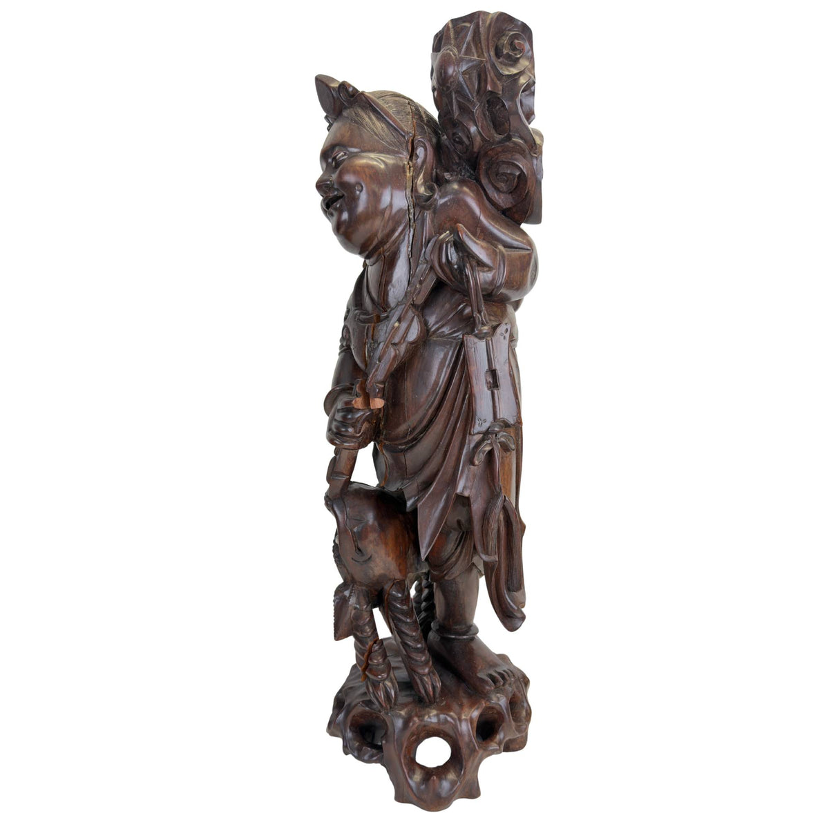 Ebisu‑Statue mit charakteristischen natürlichen Altersspuren im Holz