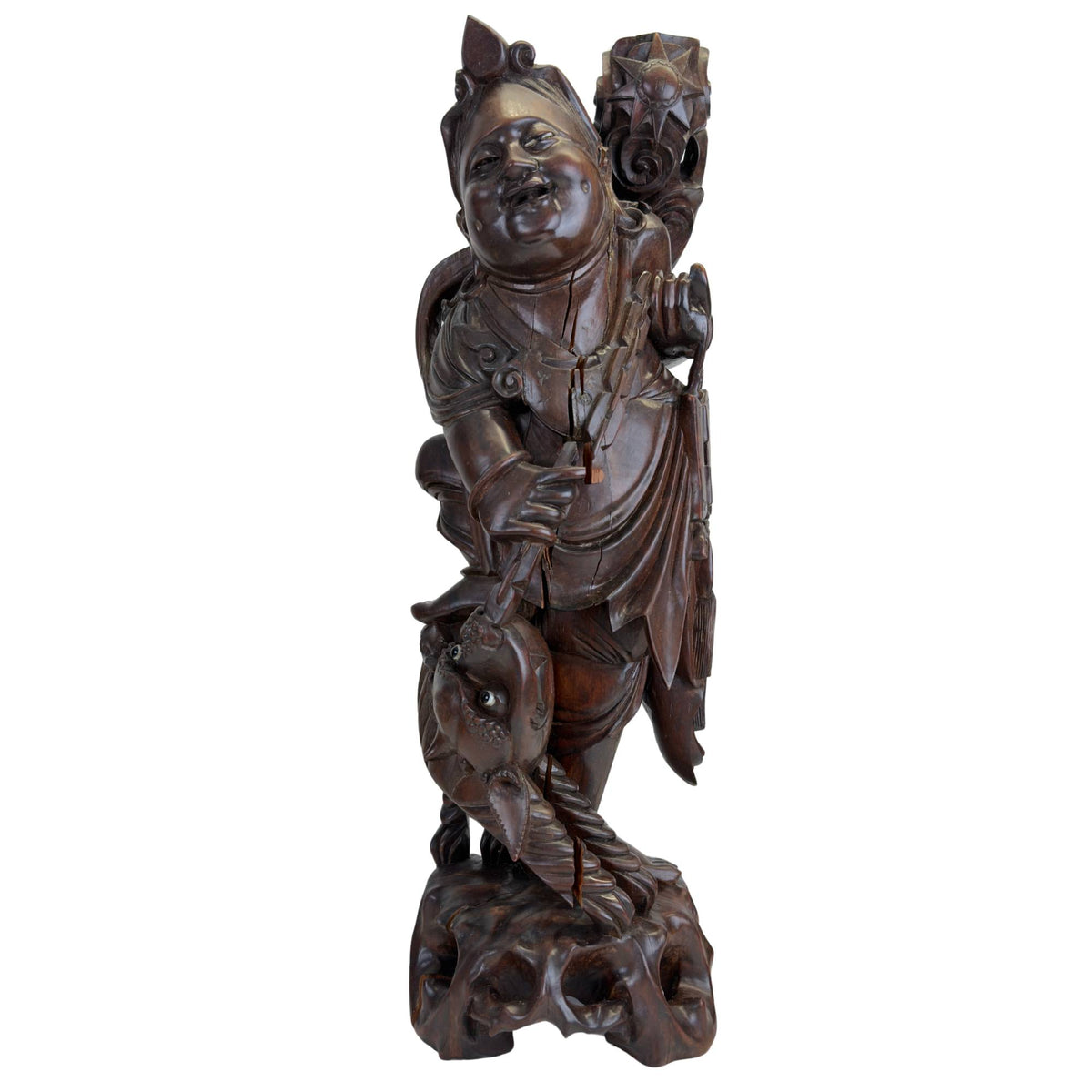 Handgeschnitzte Holz‑Ebisu‑Statue mit Seegras‑Symbol für Wohlstand