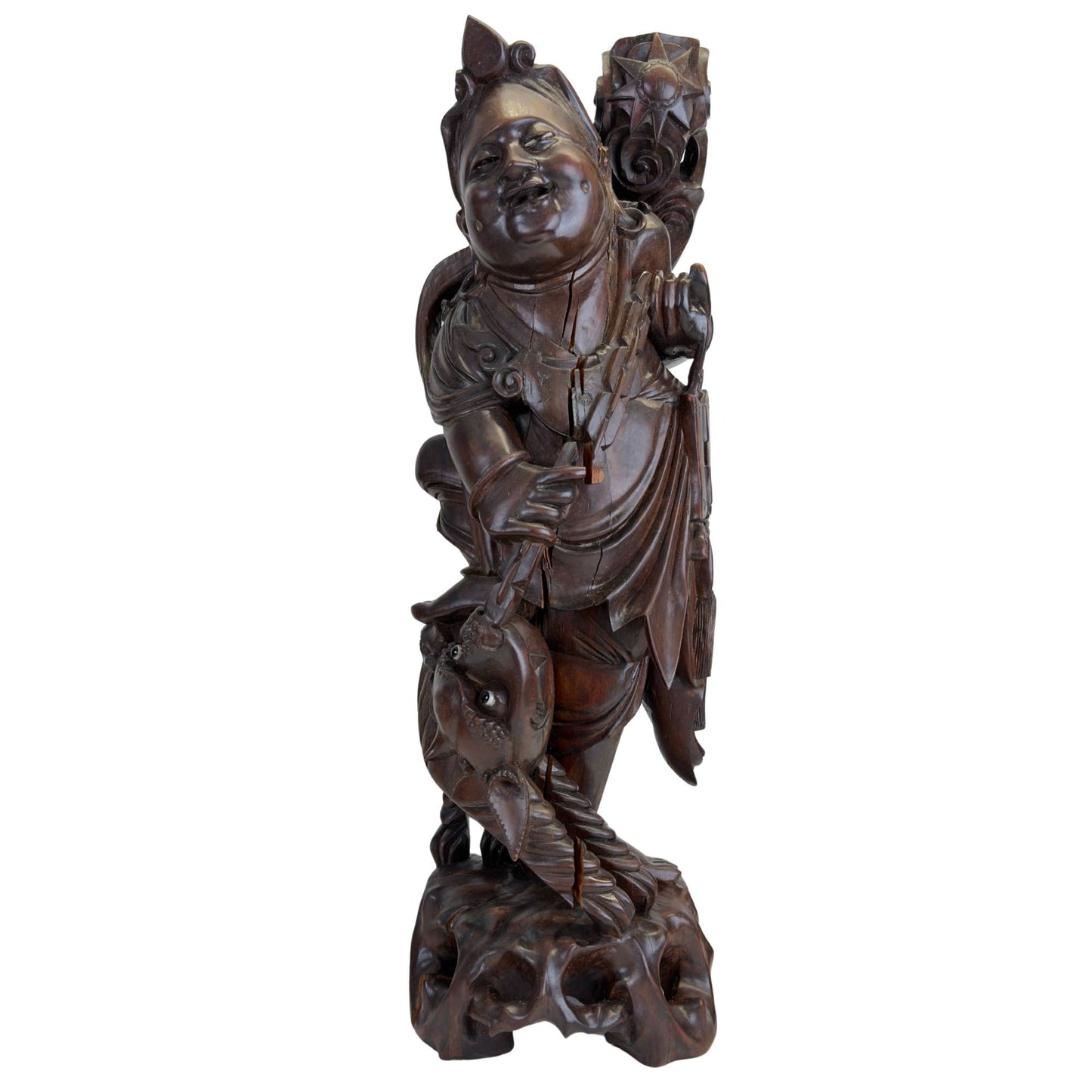 Handgeschnitzte Ebisu-Holzstatue mit Goldbrasse, Symbol des Wohlstands
