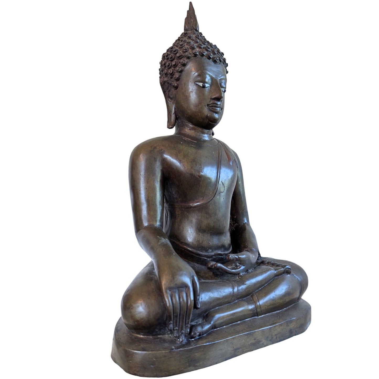 Antike Lan-Xang-Buddha-Figur aus Bronze mit Elfenbeinaugen und Feuervergoldung