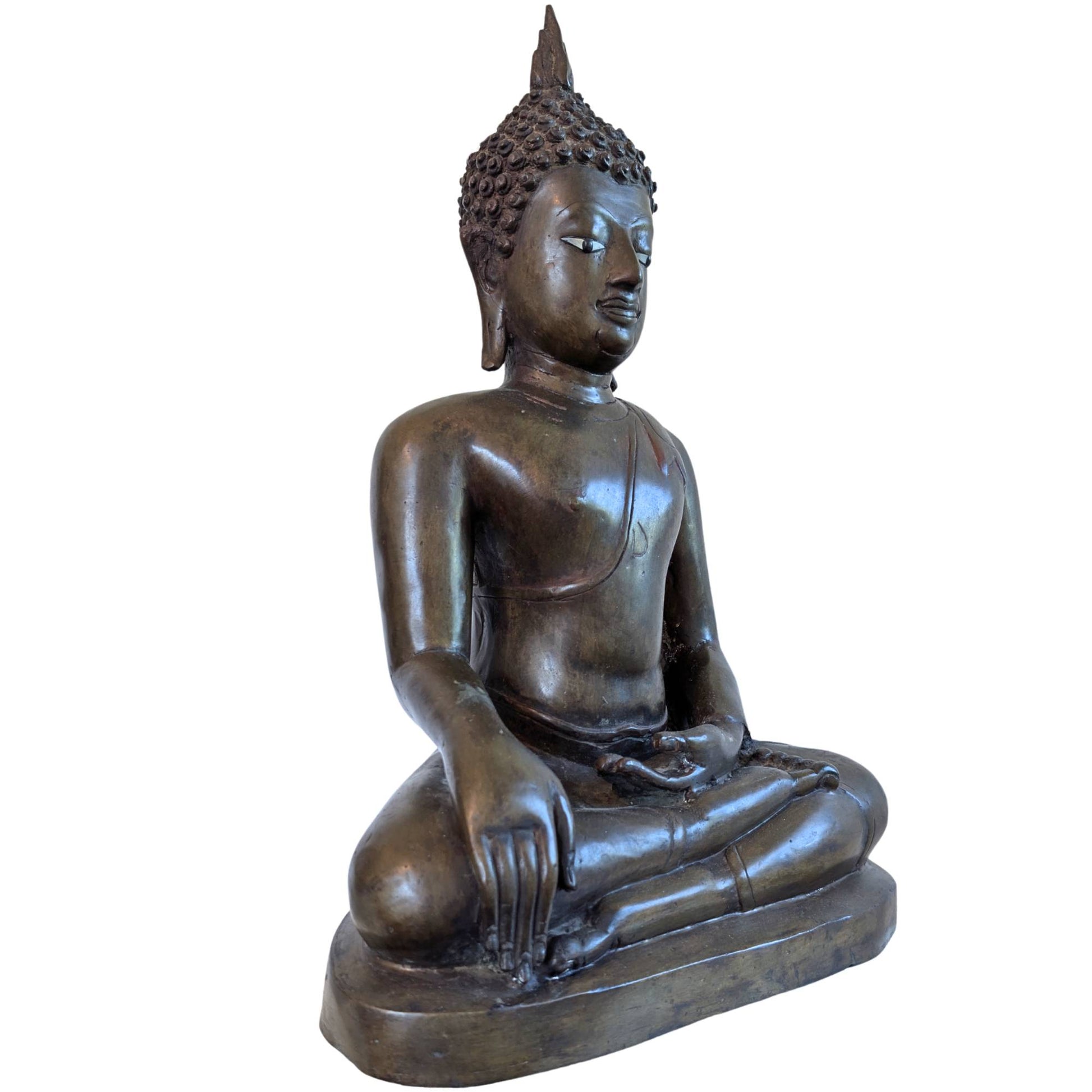 Antike Lan-Xang-Buddha-Figur aus Bronze mit Elfenbeinaugen und Feuervergoldung