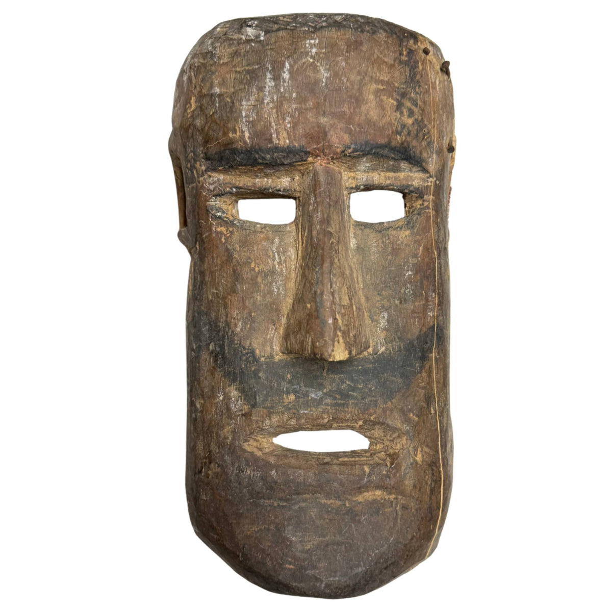 Exclusive antique hand‑carved wooden shaman mask from the Himalayas, featuring a black beard line and engraved diamond patterns.