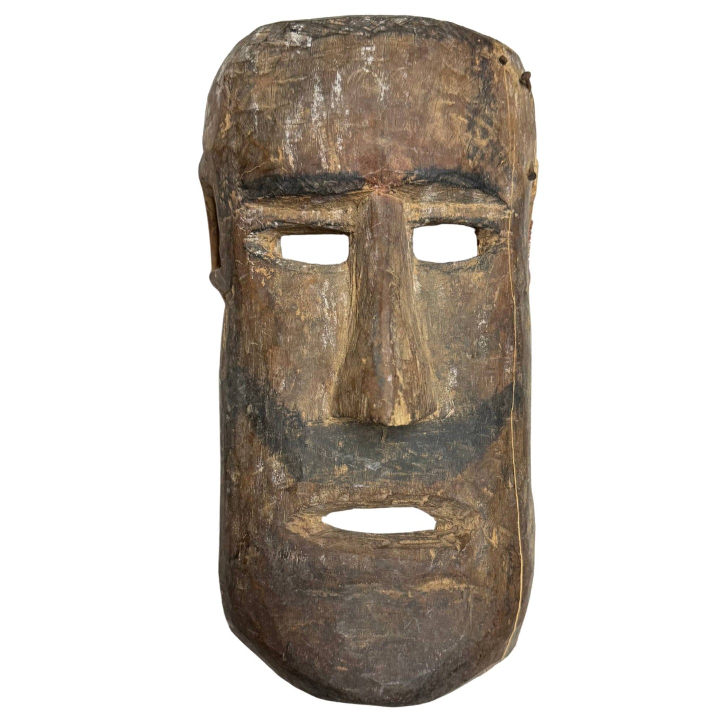 Exklusive, antike, handgeschnitzte Schamanenmaske aus Holz aus dem Himalaya, mit schwarzem Bartrand und eingravierten Rautenmustern