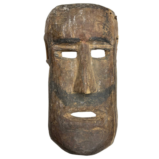Exklusive, antike, handgeschnitzte Schamanenmaske aus Holz aus dem Himalaya, mit schwarzem Bartrand und eingravierten Rautenmustern