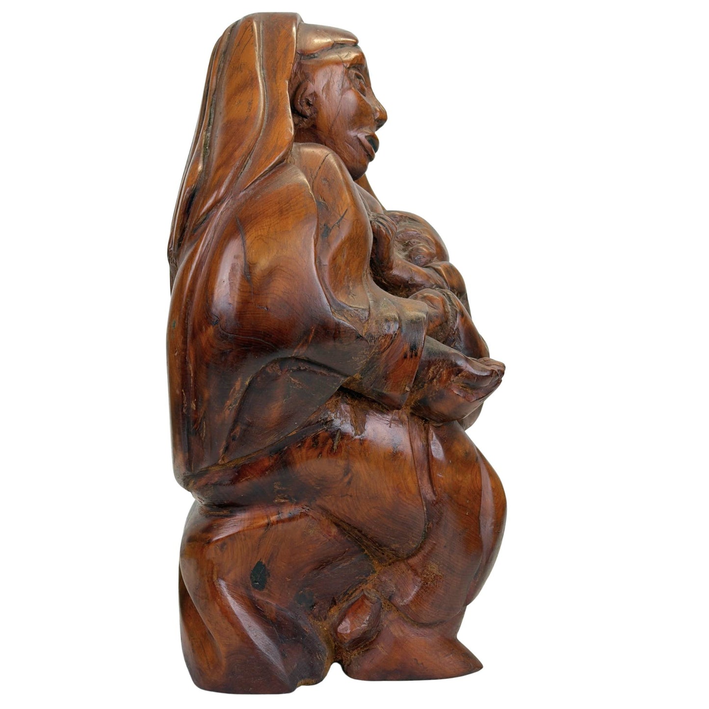 Ausdrucksstarke Madonna mit Kind im handgeschnitzten Stil der Volkskunst