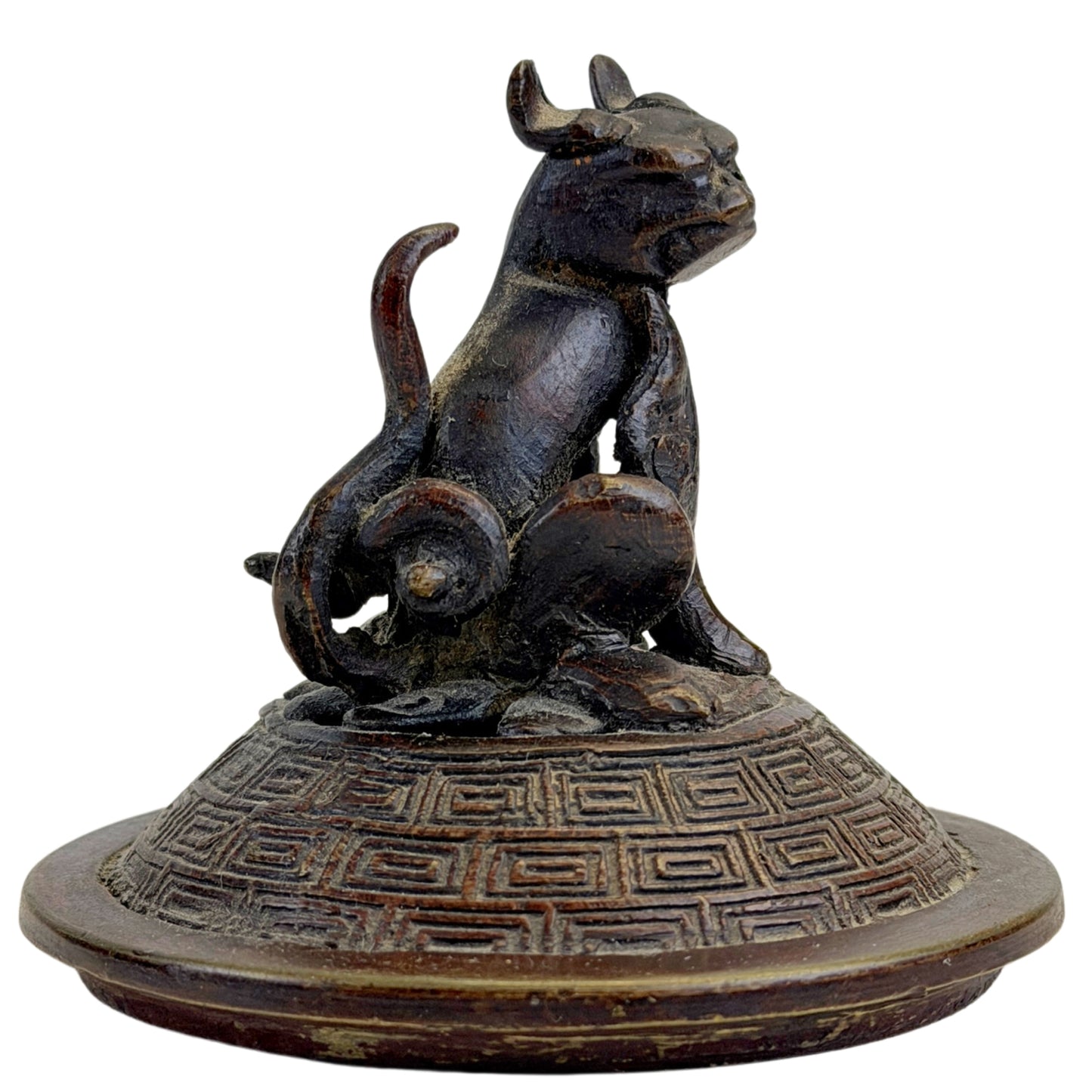 Seitenansicht des Foo-Dog-Deckels eines chinesischen Bronze-Räuchergefäßes