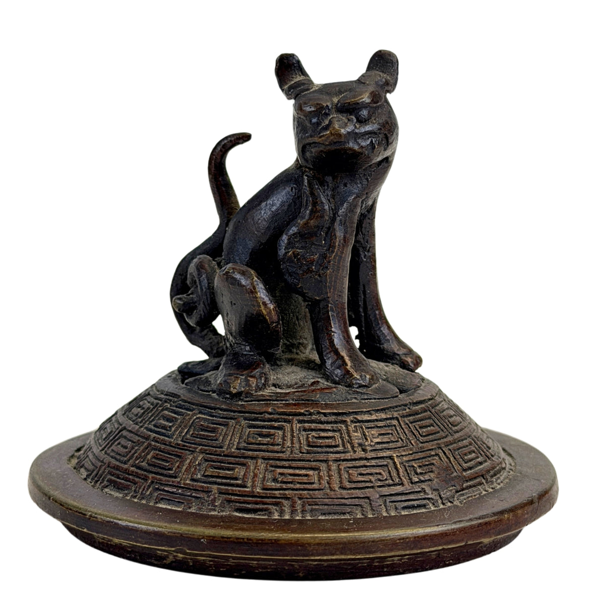 Deckel des chinesischen Räuchergefäßes mit sitzendem buddhistischem Löwen Foo Dog
