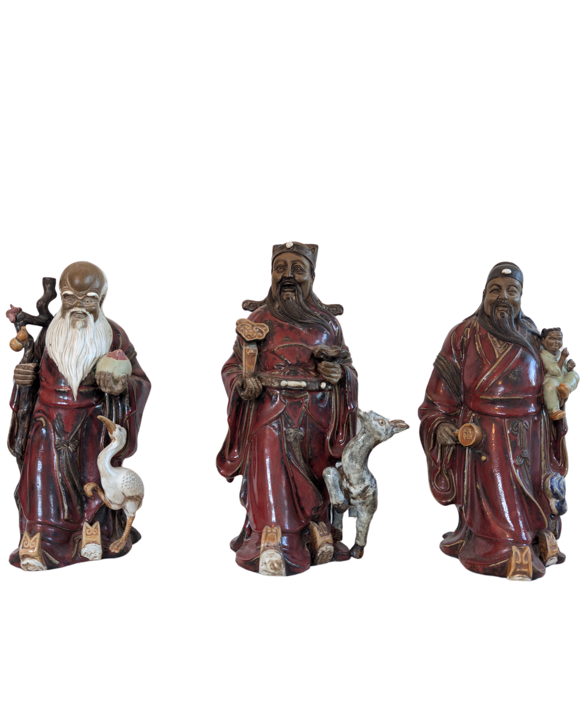 Komplettes Set der drei chinesischen Sterngötter Fu, Lu und Shou aus glasierter Keramik.