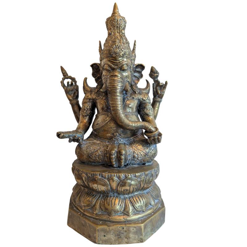 Ganesha mit gekröntem Buddha aus alter, vergoldeter Bronze
