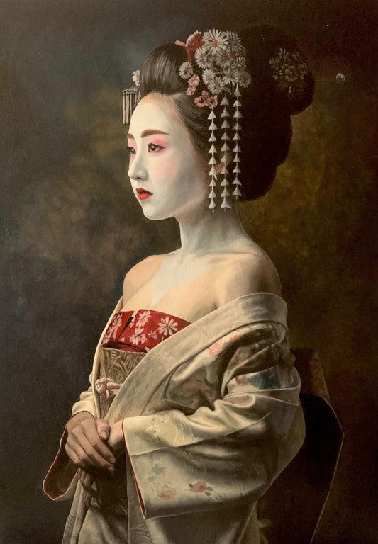 Das Geisha-Porträt ist auf einen hochwertigen Holzkeilrahmen mit den Maßen 70 x 50 cm gespannt.