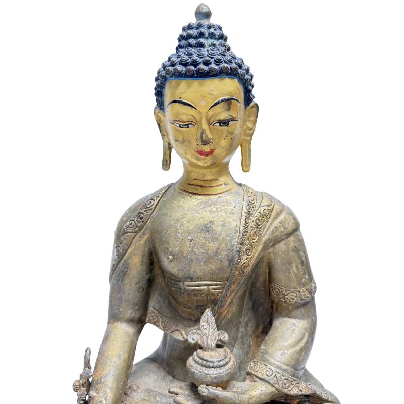 Bronzener Arzt-Buddha mit Originalbemalung und Vergoldung