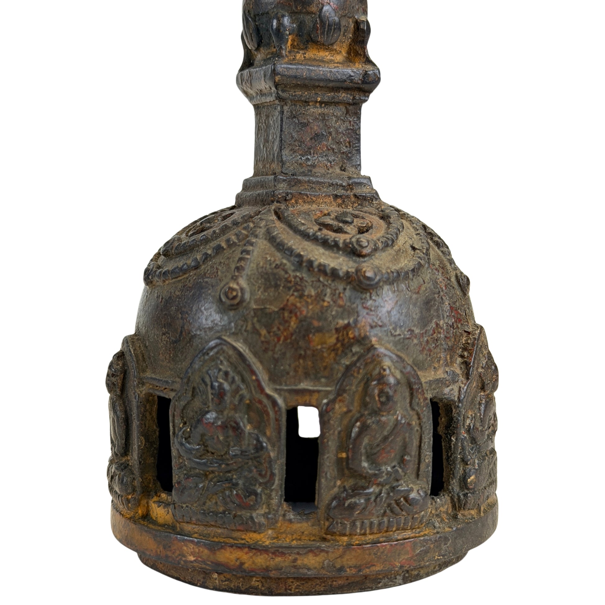 Durchbrochene Haube mit Buddhafiguren und abgeriebener Vergoldung