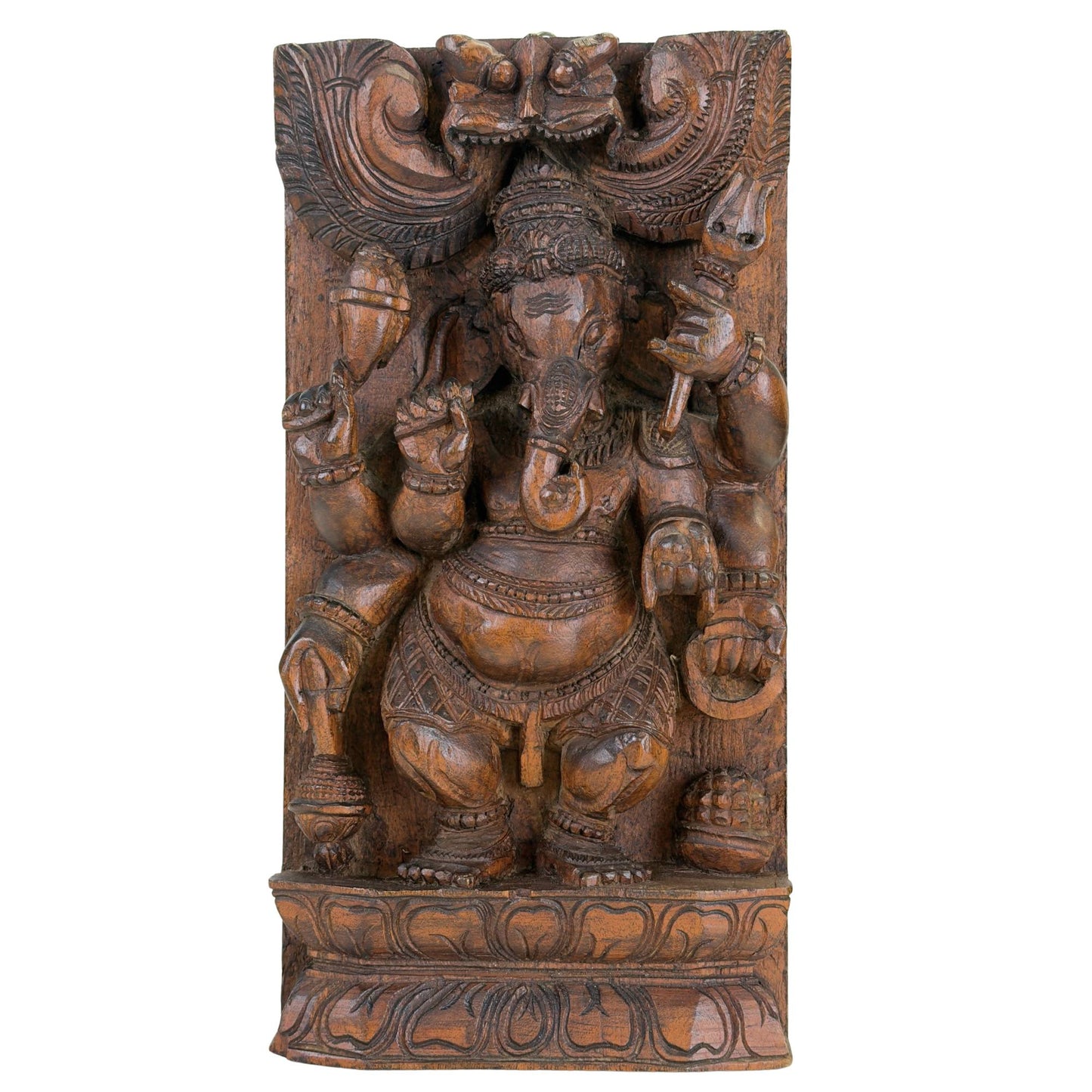 Geschnitztes Holzpaneel mit Ganesha-Motiv aus Indien mit traditioneller hinduistischer Ikonographie