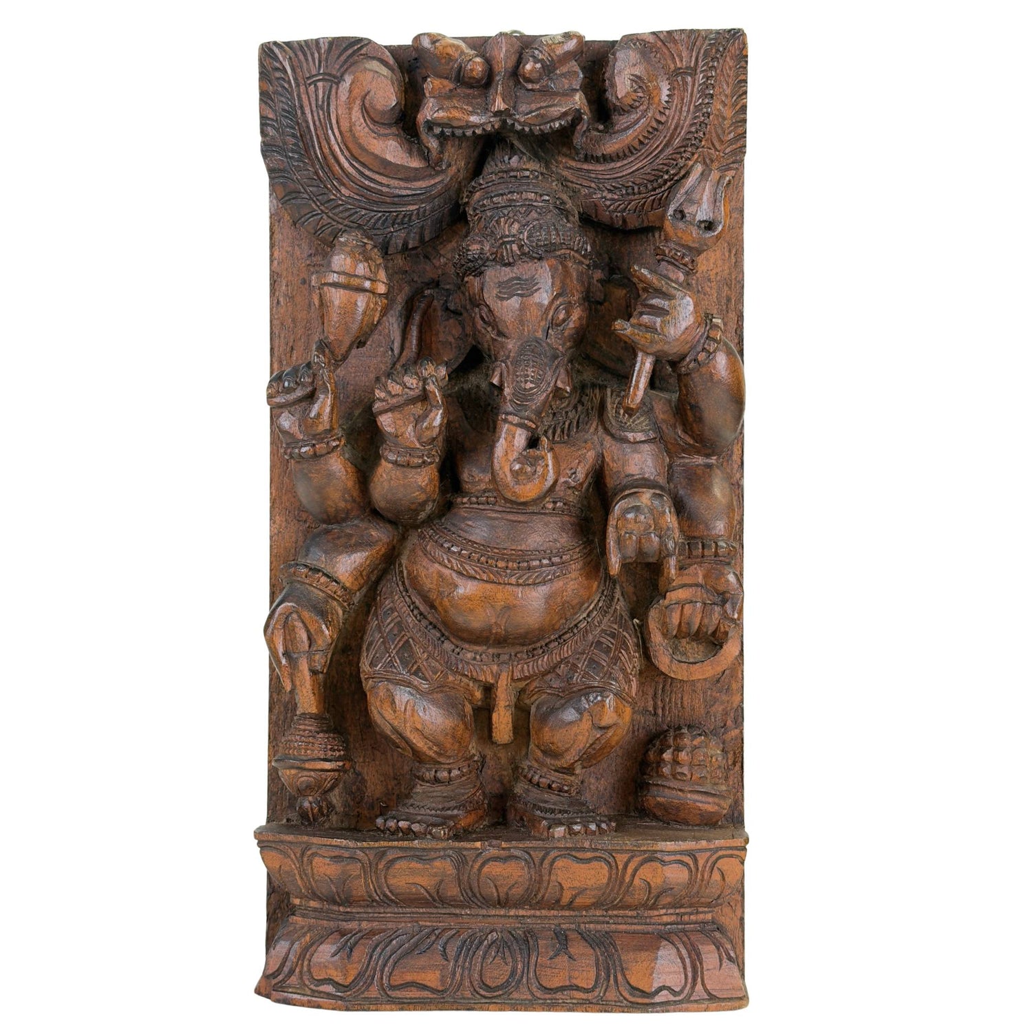 Geschnitztes Holzpaneel mit Ganesha-Motiv aus Indien mit traditioneller hinduistischer Ikonographie