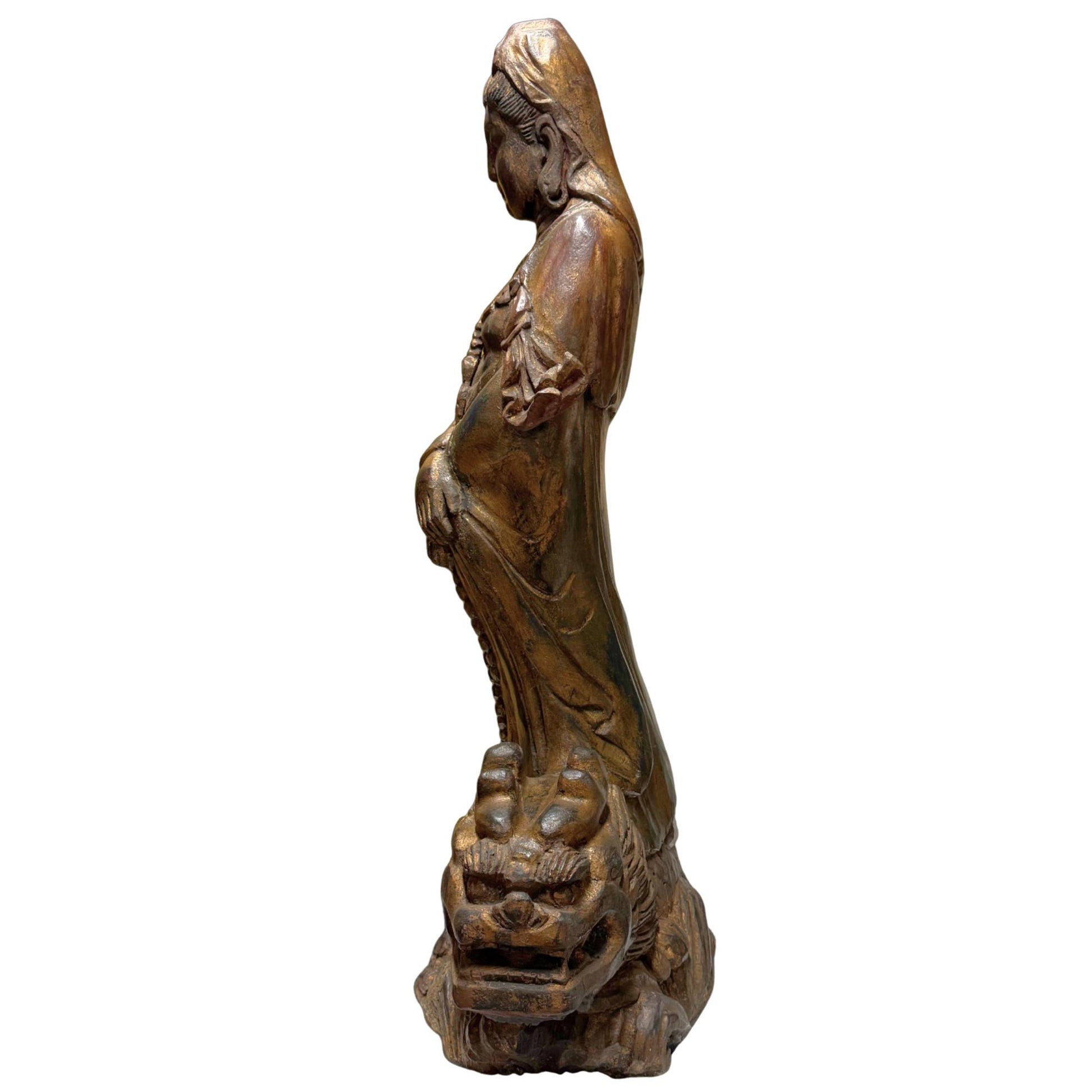 Bestätigte Kwanyin-Drachenstatue aus Holz aus der Qing-Dynastie