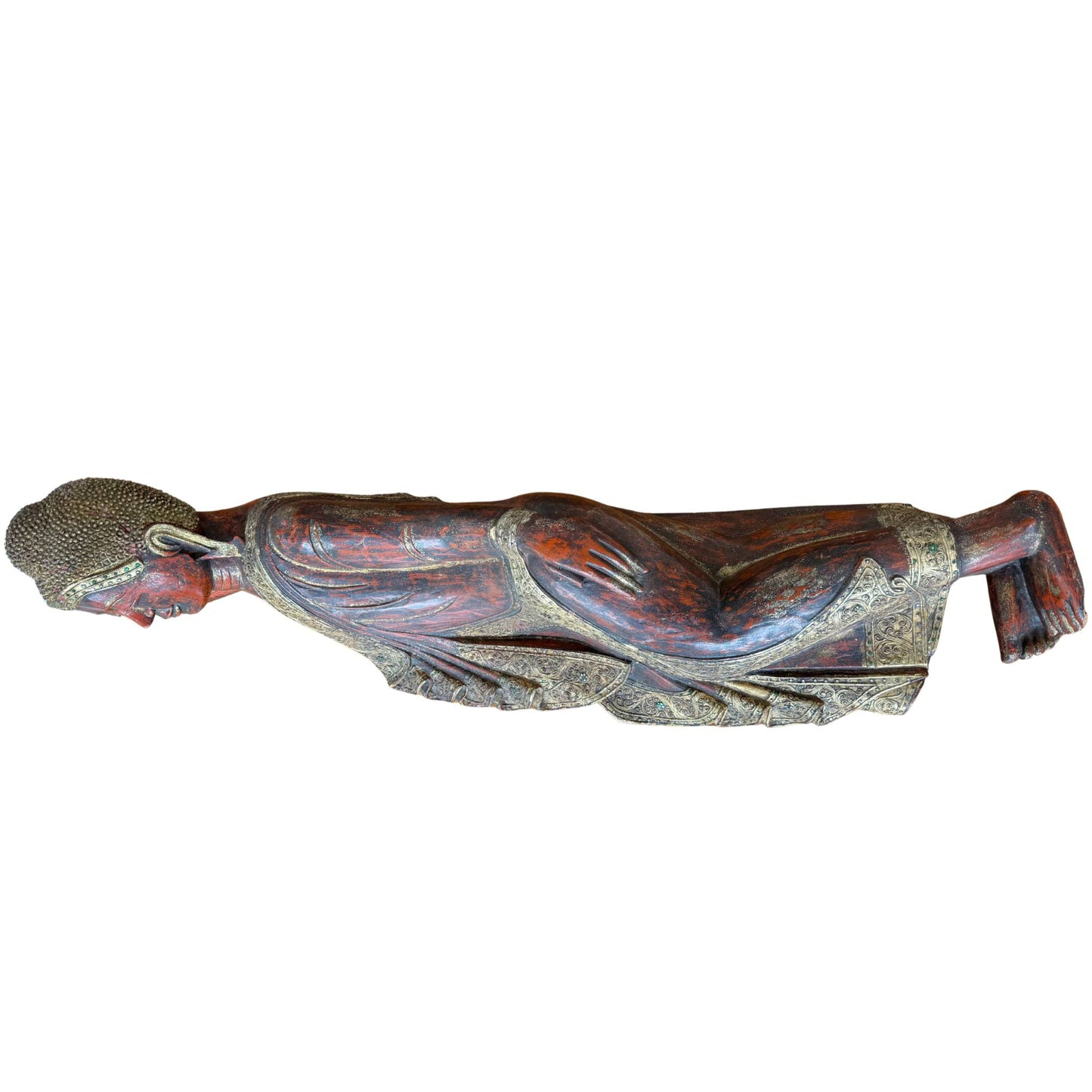 Makroaufnahme der originalen Glaseinlage im Holzgewand des burmesischen Buddha