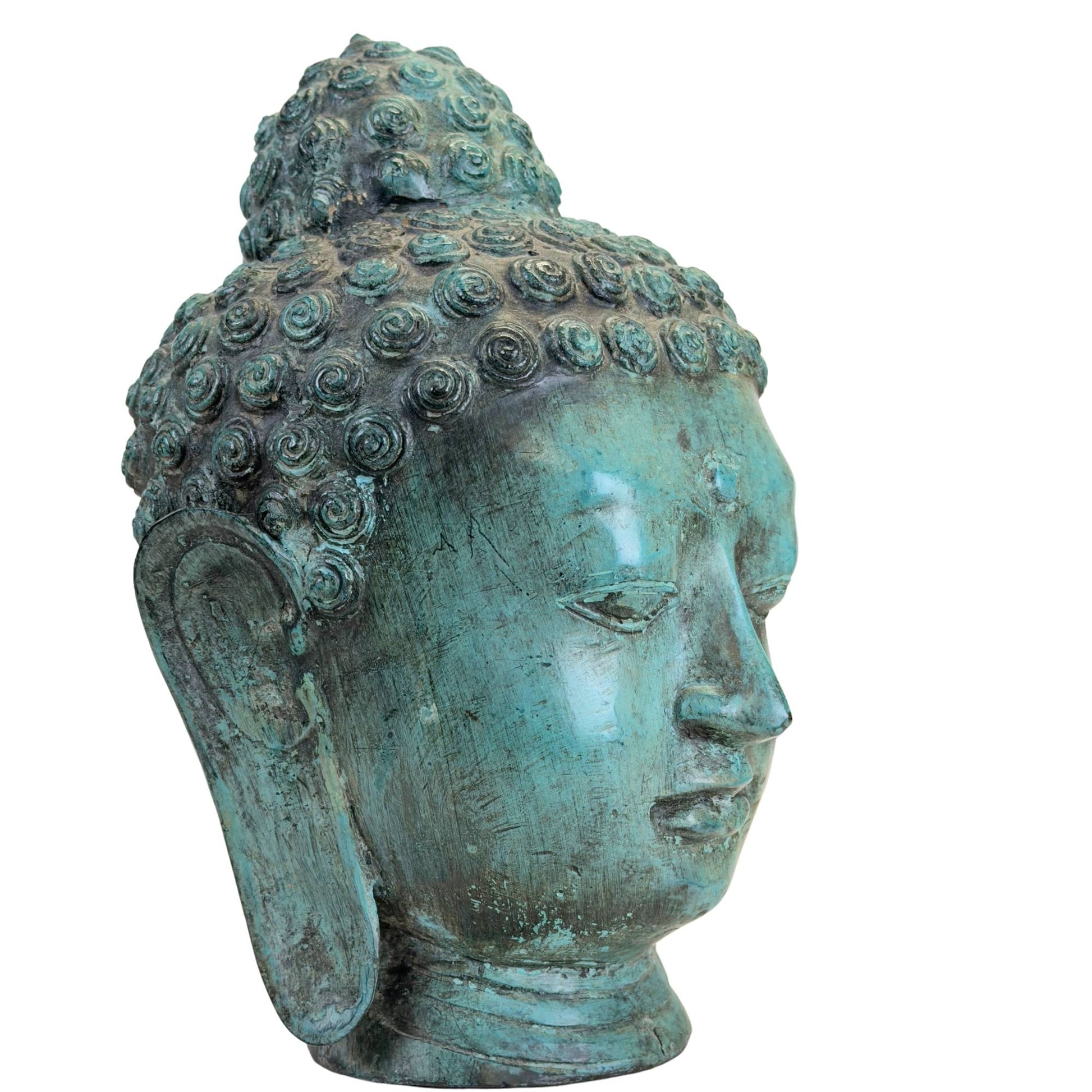 Grün patinierter Buddha-Kopf aus handgegossener Bronze