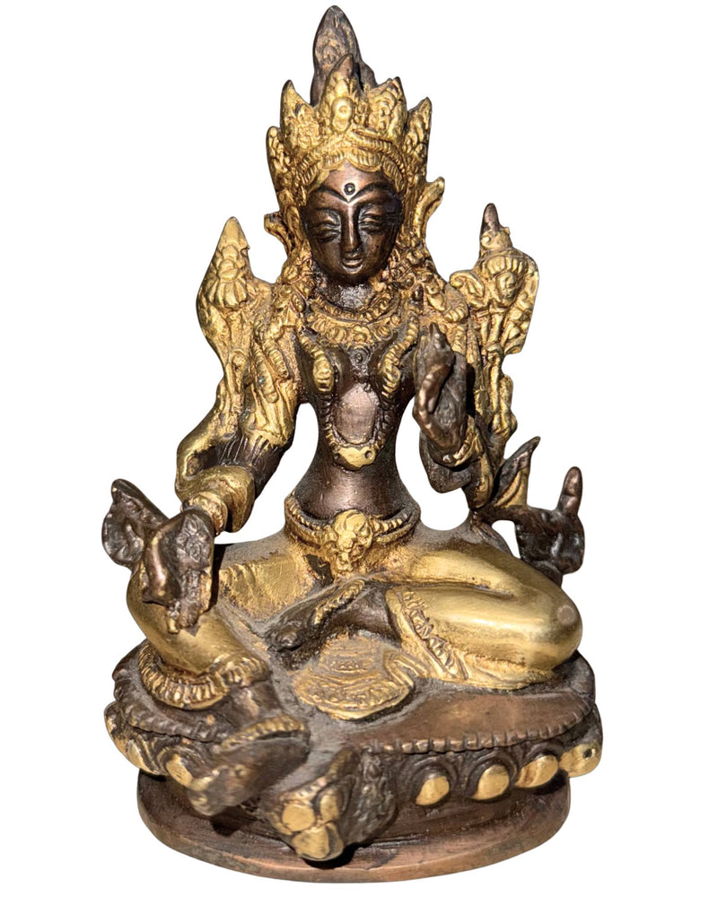 Detaillierte Syamatara (Grüne Tara) – Nepal – Ende 20. Jahrhundert – Vergoldete Bronze 13,3 cm - Nepalesische Buddha-Figur
