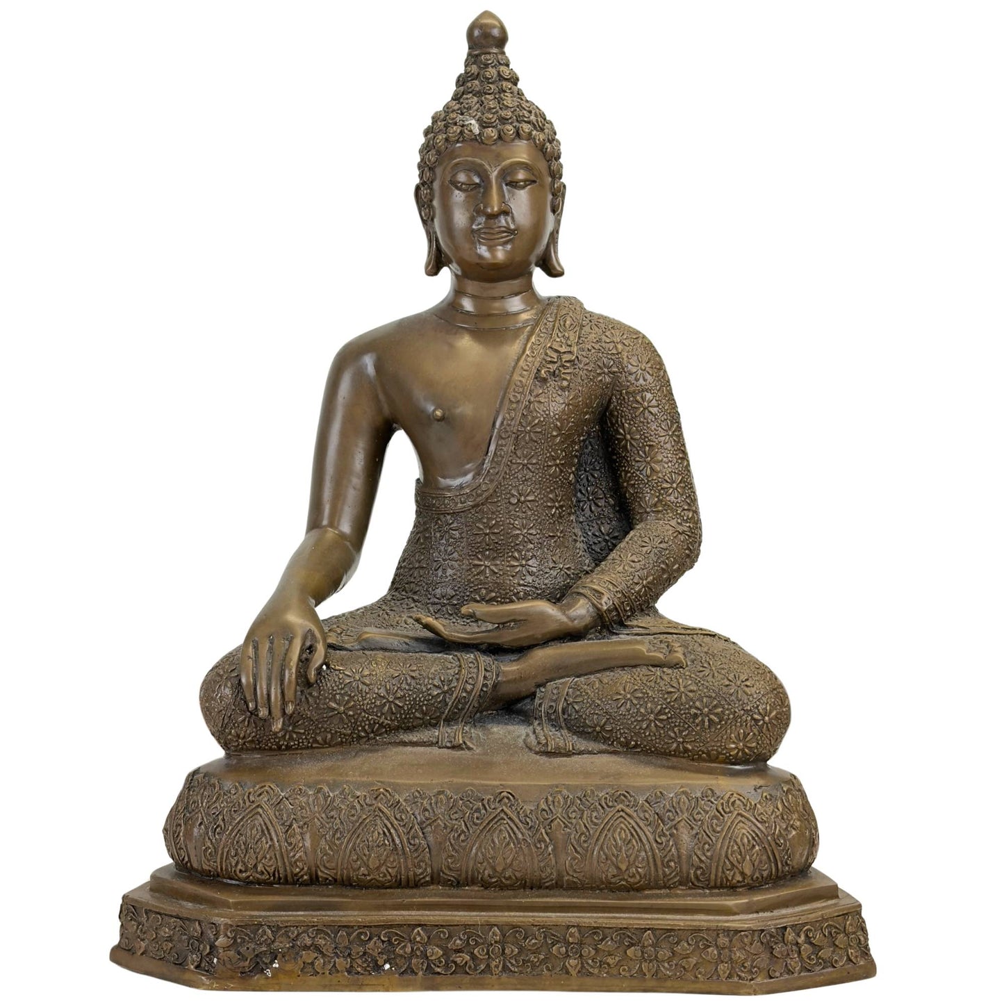 Schwerer thailändischer Buddha aus Bronze im Rattanakosin-Stil mit floralem Gewand