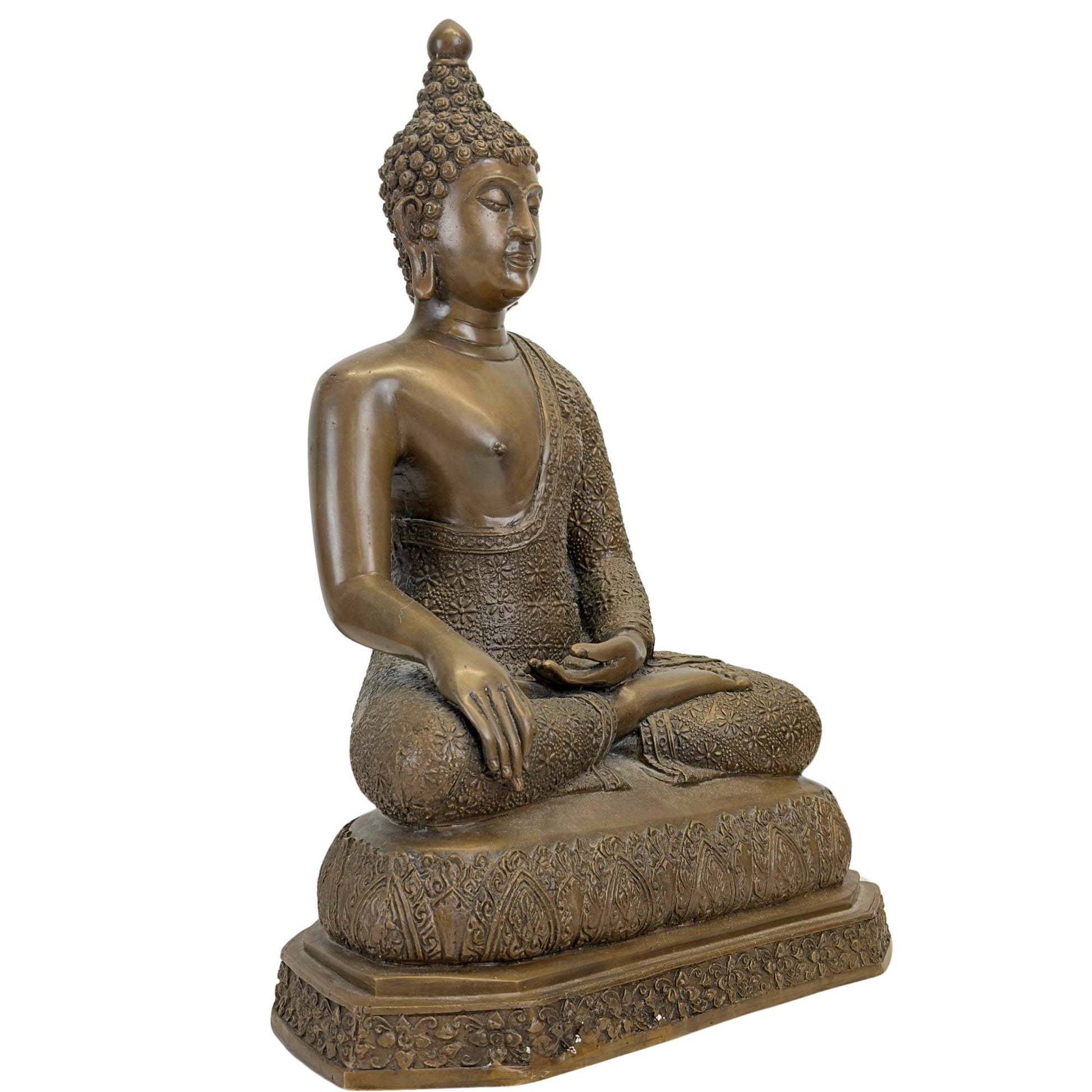 Große Buddha-Statue aus Messingbronze in der meditativen Bhumisparsha-Mudra.