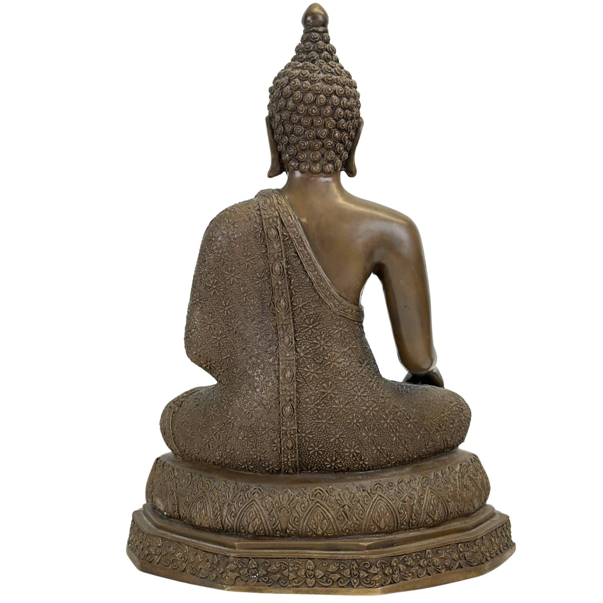 Symmetrische Rückansicht des großen Buddha aus Bronze mit detailliertem Haarknoten.