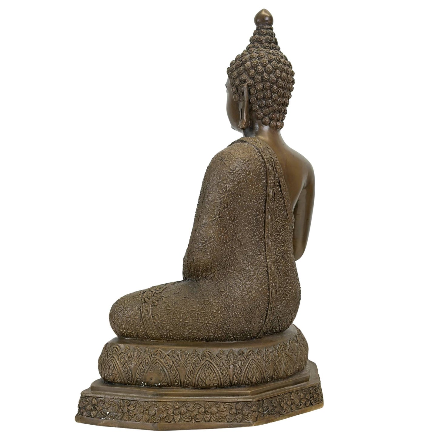 Seitenansicht des thailändischen Bronze-Buddha auf einem reich verzierten Lotussitz