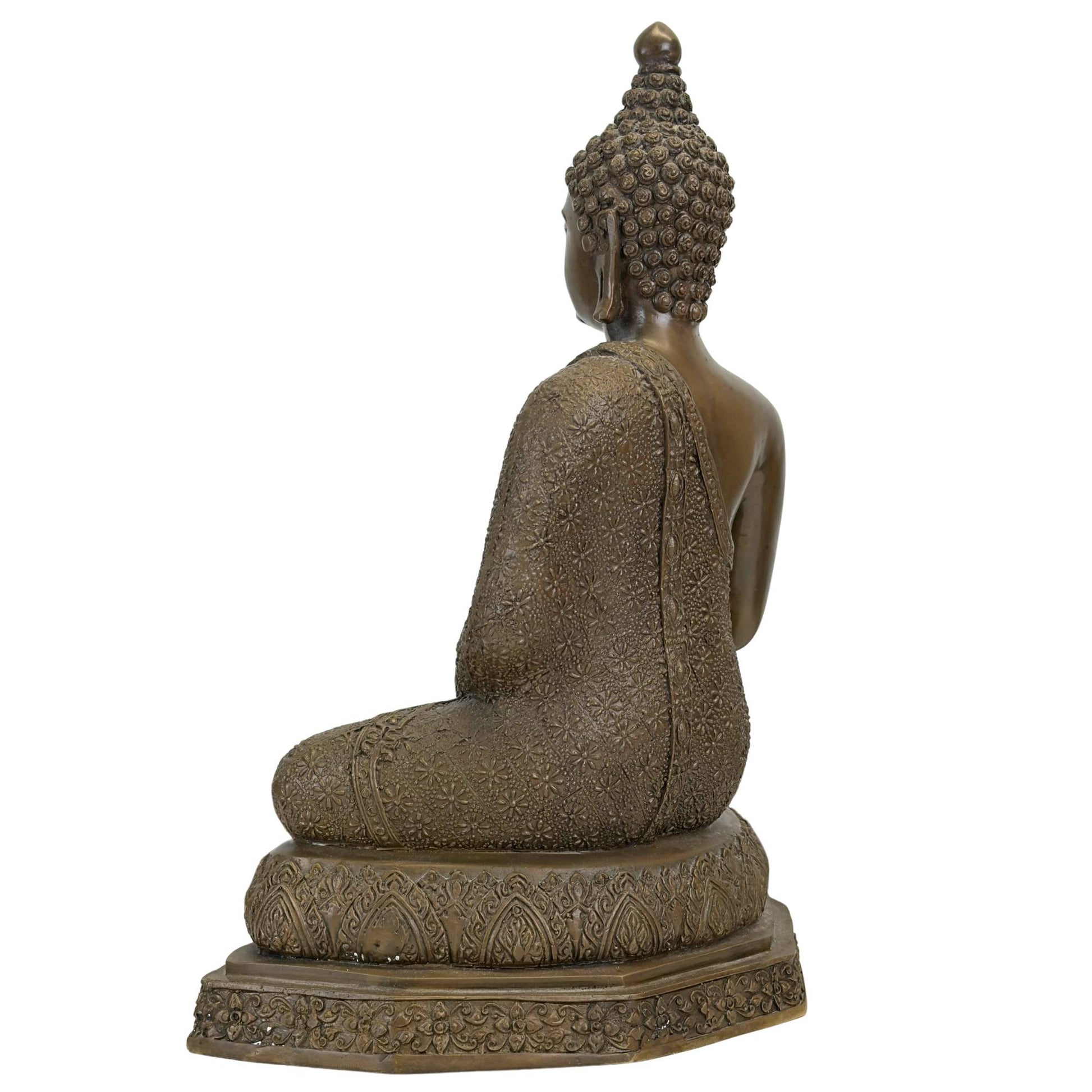 Seitenansicht des thailändischen Bronze-Buddha auf einem reich verzierten Lotussitz