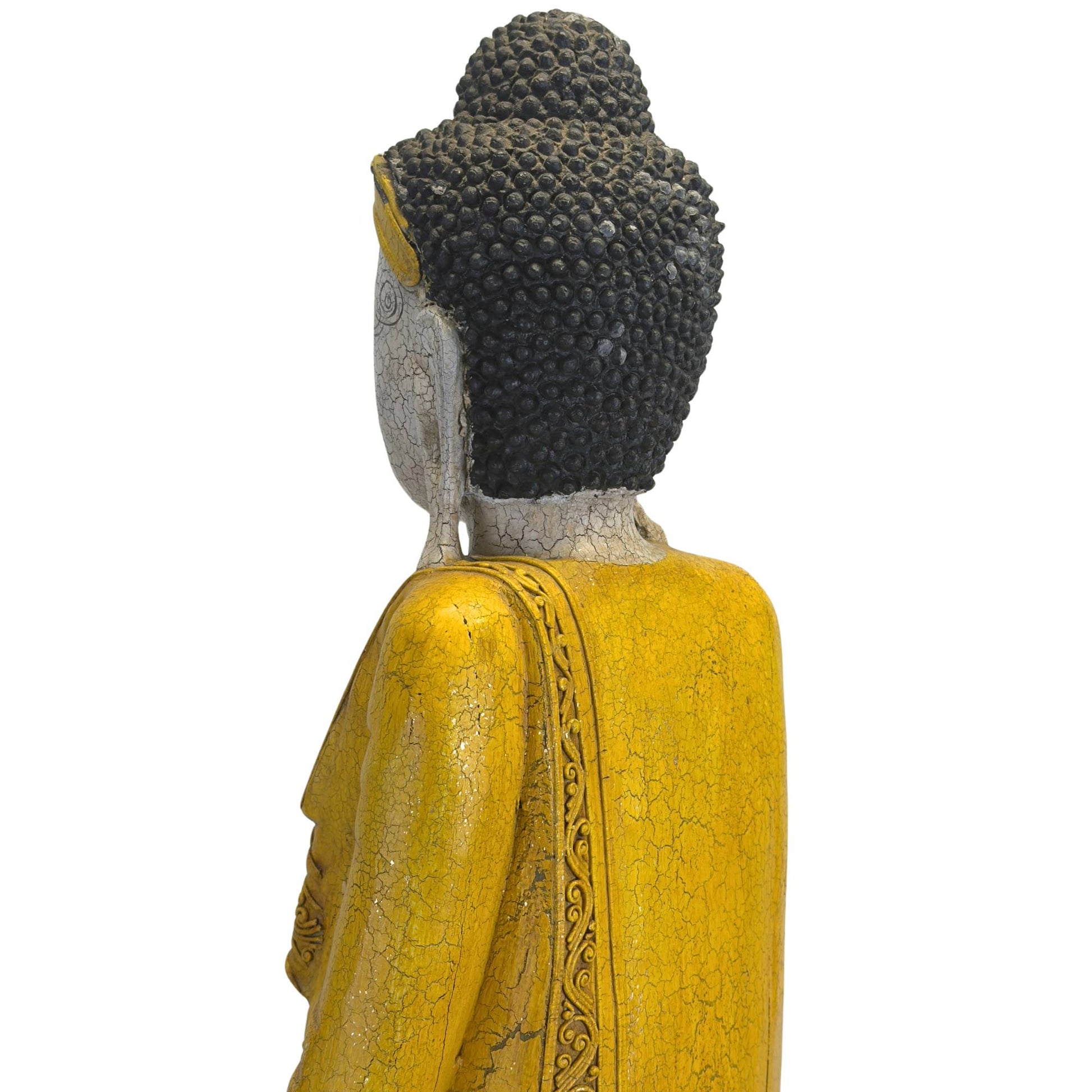 Rückansicht der Schultern und des Haarknotens des Buddha, die die Textur der Lackierung auf der Rückseite veranschaulicht.