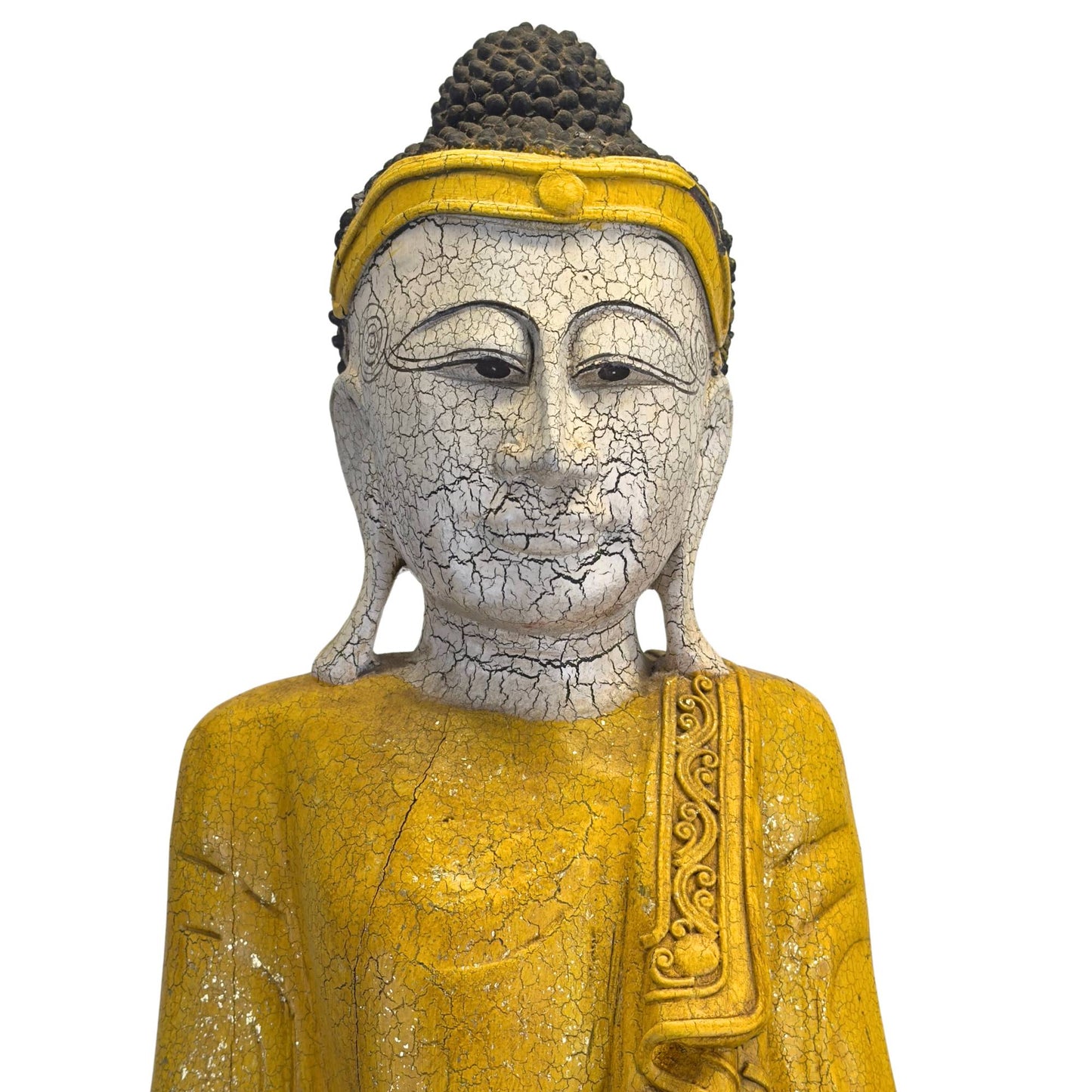 Nahaufnahme des gelassenen Gesichts mit knisternder Textur, dunklen Tuschewaschakzenten und der Buddha-Frisur.