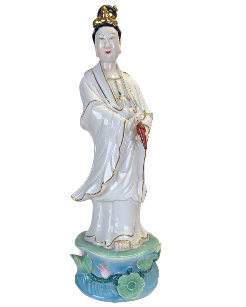 Große Guan Yin Figur aus Porzellan im Antik-Stil – 47 cm – Weiß & Gold