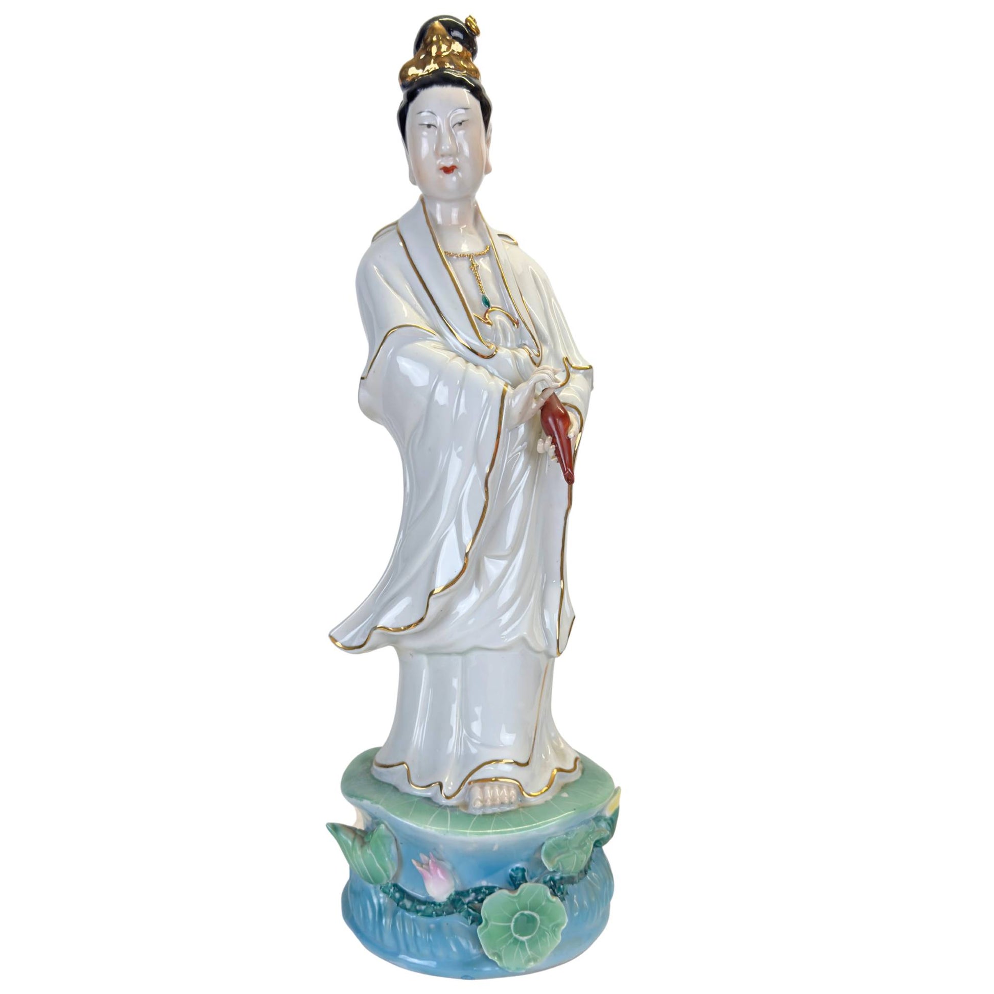 Große chinesische Porzellanstatue der Göttin Guan Yin, 47 cm hoch, mit Goldverzierungen.
