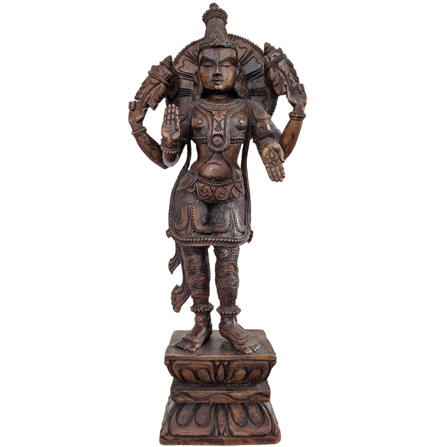 Große, handgeschnitzte Holzstatue von Lord Vishnu aus Südindien.