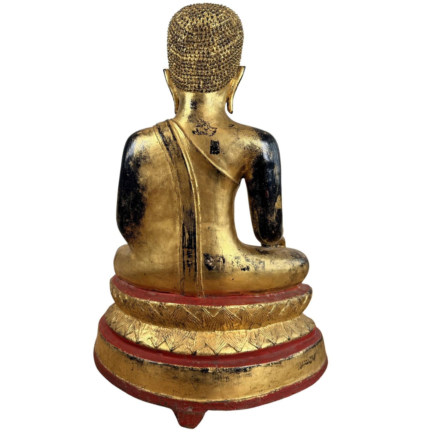 Große, feuervergoldete Buddha-Statue aus Bronze mit eingelegten Augen, roten Akzenten und meditativer Ausstrahlung für Altar oder Innenraum