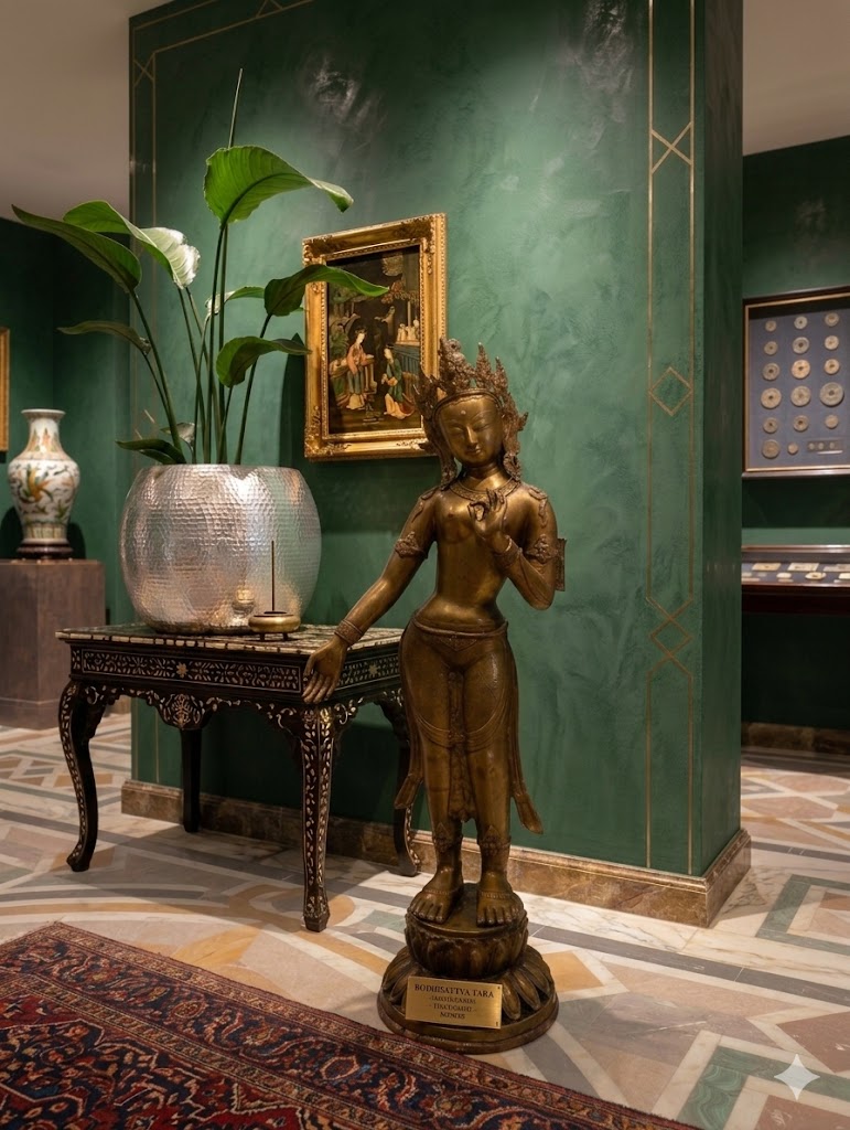 Eine große Bronzestatue der Göttin Tara.