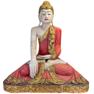 Buddha der 1970er Jahre aus Myanmar – Holz, Farbe und Spiegelmosaik