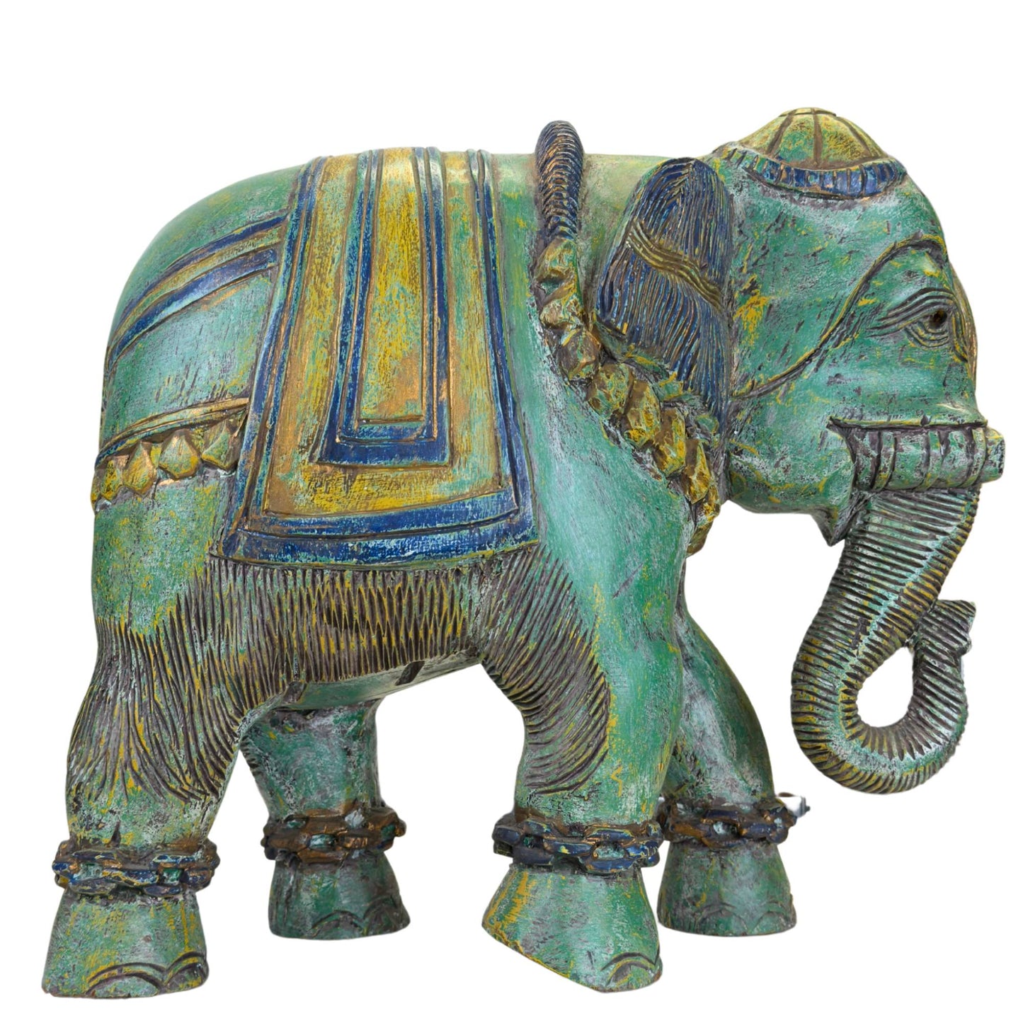 Großer, handgefertigter Holzelefant aus Indien mit traditionellen Verzierungen
