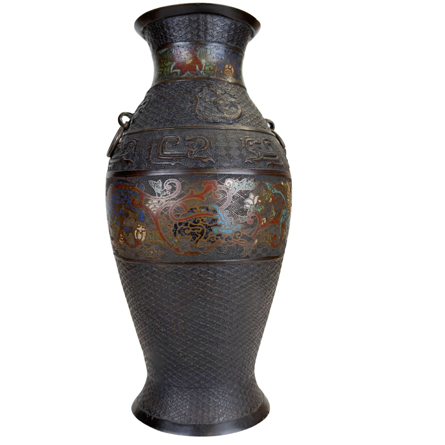 Große japanische Bronzevase mit Champlevé-Emaille, dunkler Patina und dekorativem Band mit ostasiatischen Fabelwesen